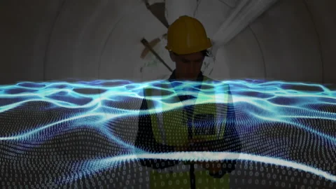 Construction inspector tapping smartphone and monitoring data wave then scanning Stock Footage 311604954