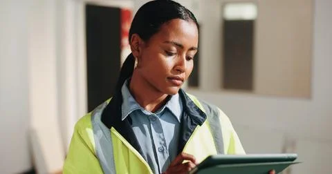Construction, interior design and tablet with architect woman in home for Stock Photos