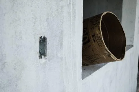 Construction of the interior of a house made of gray cement started, unfinish Stock Photos