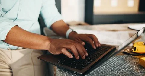 Construction, keyboard or hands in home with laptop, progress monitor or qu.. Stock Photos