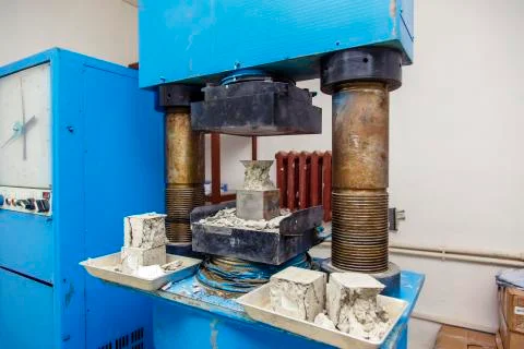 Construction laboratory. The press breaks down the cubic concrete sample and  Stock Photos