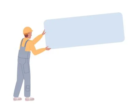 Construction labourer with metal panel semi flat color vector character Stock Illustration