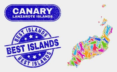 Construction Lanzarote Islands Map and Scratched Best Islands Stamps Illustrazione stock