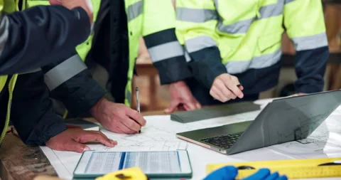 Construction, laptop and hands of men with blueprint, planning and layout for Stock Footage 338048901