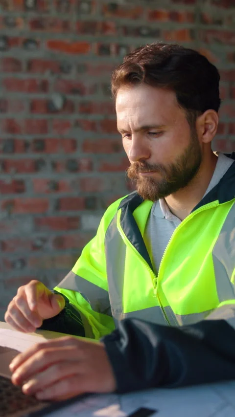 Construction, laptop and reading with man on building site for planning or Stock Footage 336188137