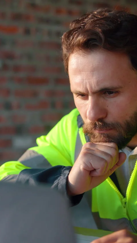 Construction, laptop and thinking with man on building site for planning or Stock Footage 336186581