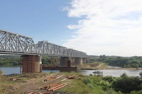 Construction of a large arch bridge across the Oka River near Serpukhov, pa.. Stock Photos