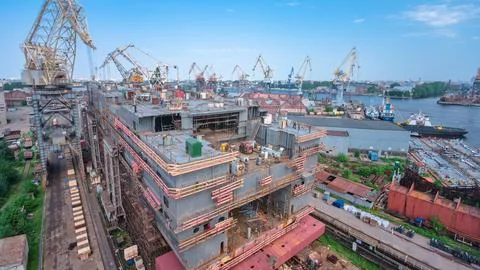 The construction of a large ship on a shipyard with cranes timelapse. Stock Photos