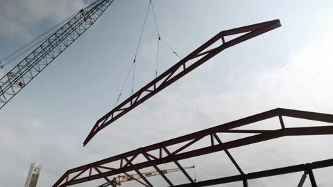Construction Large Steel Beam Getting Installed 4K 48FPS SLO-MO Stock Footage 265802301