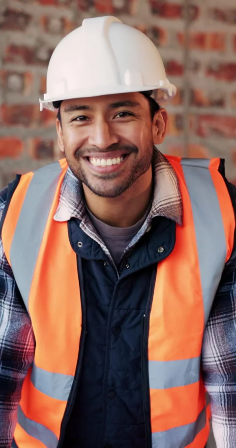Construction, laugh and face of man in building for renovation, remodeling and Stock Footage 341089658