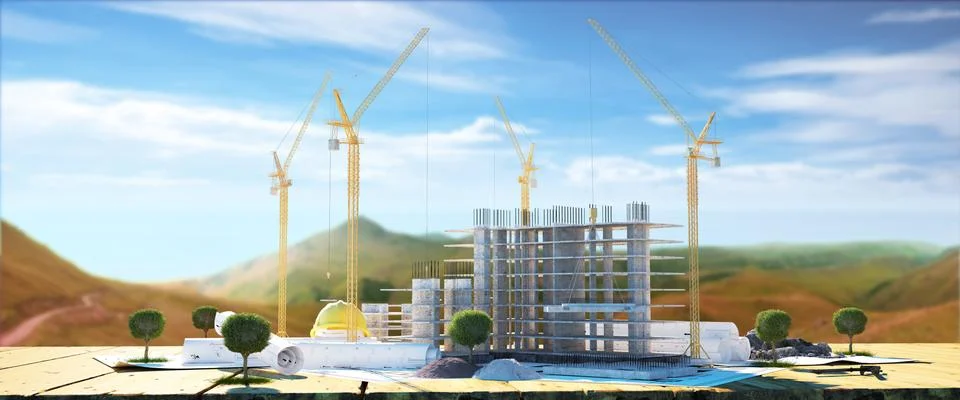 Construction layout with blueprints on table and blur background Stock Illustration