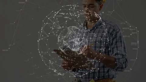 Construction lead tapping tablet, activating holographic globe, donning hard Stock Footage 334312624