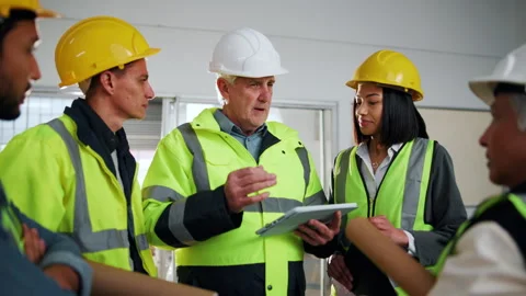 Construction, leader or team on site with tablet, progress track or task brief Stock Footage 341554031