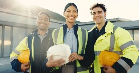Construction, leader or team on site with portrait, about us or collaboration in Stock Photos