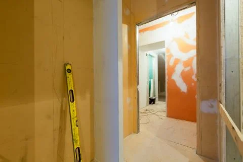 Construction level in apartment is inder construction, remodeling, renovation Stock Photos