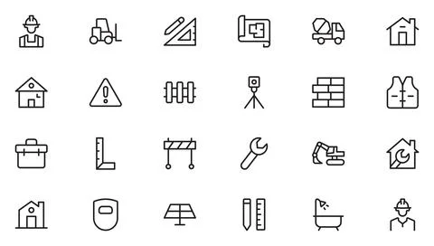 Construction Line Icon Set featuring tools, machinery, home repair, and bui.. Stock Illustration