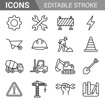 Construction line icon set with gear, wrench, crane, excavator, wheelbarrow.. Stock Illustration
