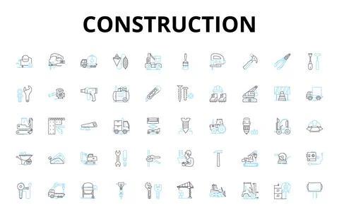 Construction linear icons set. Renovation, Framing, Roofing, Pouring, Demolition Stock Illustration