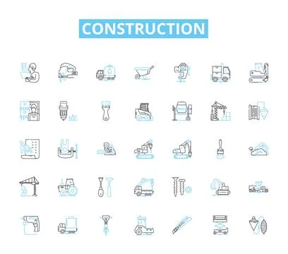 Construction linear icons set. Renovation, Framing, Roofing, Pouring, Demolition Stock Illustration
