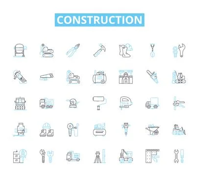 Construction linear icons set. Renovation, Framing, Roofing, Pouring, Demolition Stock Illustration