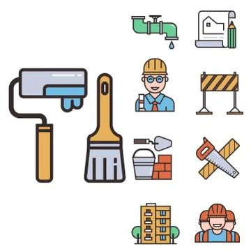 Construction linear icons universal building elements and worker equipment flat Stock Illustration
