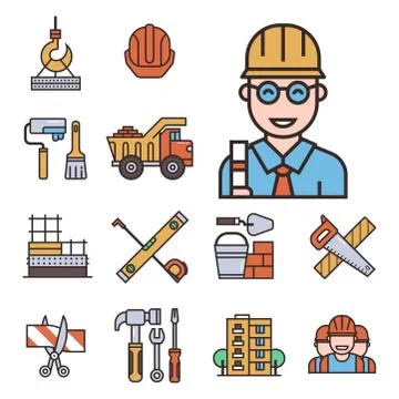Construction linear icons universal building elements and worker equipment flat 스톡 일러스트