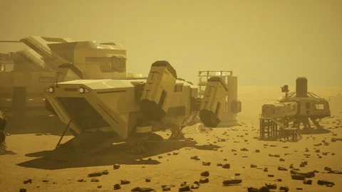 Construction of living modules using cranes and robots on Mars plain Stock Footage 341830190