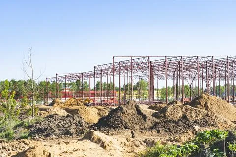 Construction of a logistics center, modern construction of metal structures, Stock Photos