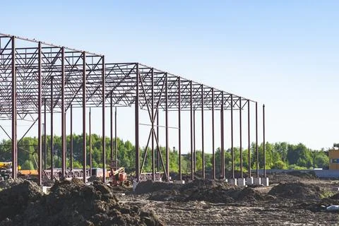 Construction of a logistics center, modern construction of metal structures, Stock Photos