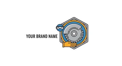 Construction logo design with circular saw and worker icon Illustrazione stock