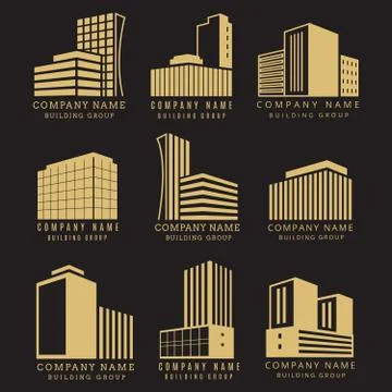 Construction logo, real estate emblems vector collection with golden buildings イラスト素材