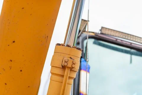 Construction machinery action hydraulic system close-up industrial site det.. 스톡 사진