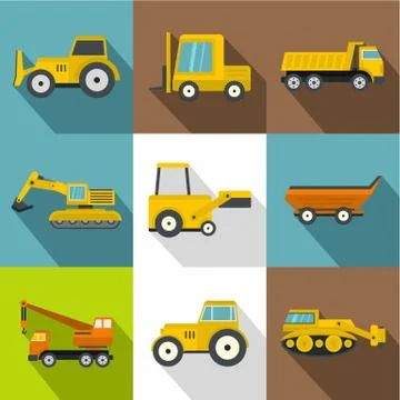 Construction machinery icons set, flat style Illustrazione stock