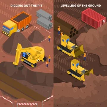Construction Machinery Isometric Vertical Banners Set Stock Illustration
