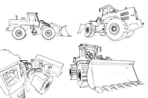 Construction machinery loader. A lot of vector images from different angles.  Stock-Illustration
