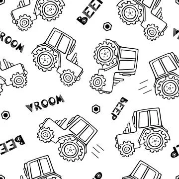Construction machinery seamless pattern. Doodle vector illustration for boys in Stock Illustration