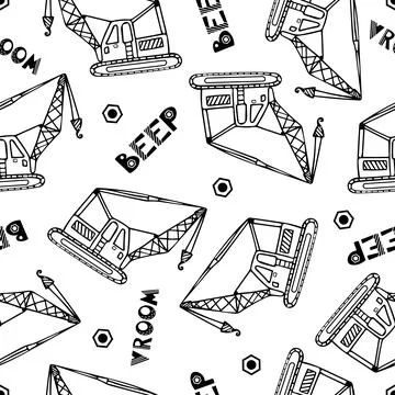 Construction machinery seamless pattern. Doodle vector illustration for boys in Stock Illustration