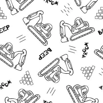 Construction machinery seamless pattern. Doodle vector illustration for boys in Stock Illustration