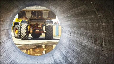Construction machinery viewed through a concrete pipe at a worksite during .. Stock Photos