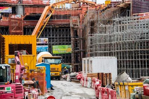 Construction machines and metal structures on construction in Hong Kong Stock Photos