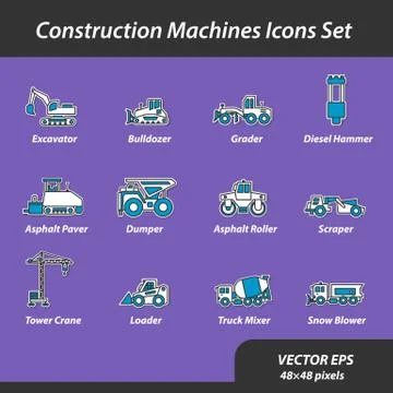 Construction machines set of flat icons Stock Illustration