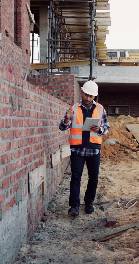 Construction, man and brick wall inspection with tablet for masonry, progress Stock Footage 336265647