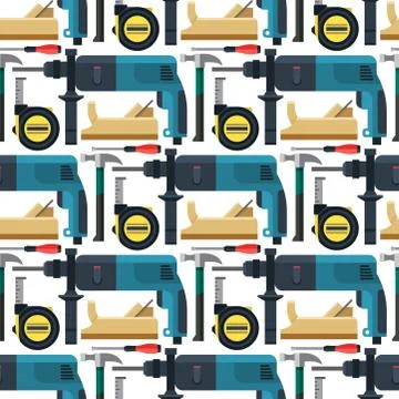 Construction man and building tools carpenter industry worker equipment seamless Stock Illustration