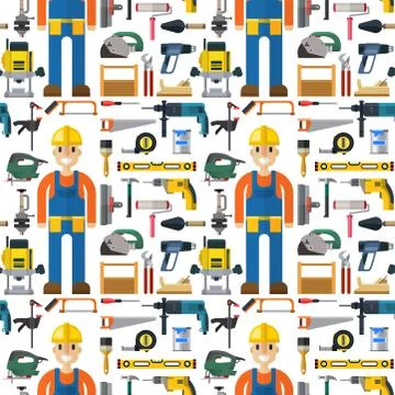 Construction man and building tools carpenter industry worker equipment seamless 스톡 일러스트