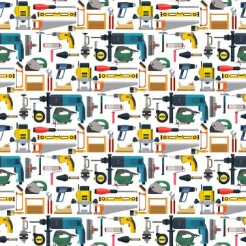 Construction man and building tools carpenter industry worker equipment seamless Stock Illustration