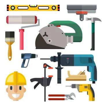 Construction man and building tools carpenter industry worker equipment Stock Illustration