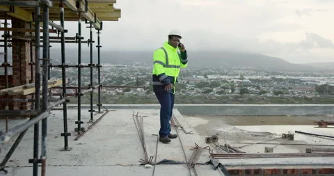 Construction, man and inspection phone call on site for project update, building Stock Footage 337633770