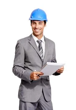 Construction, man and portrait with documents in studio for project management Stock-Fotos