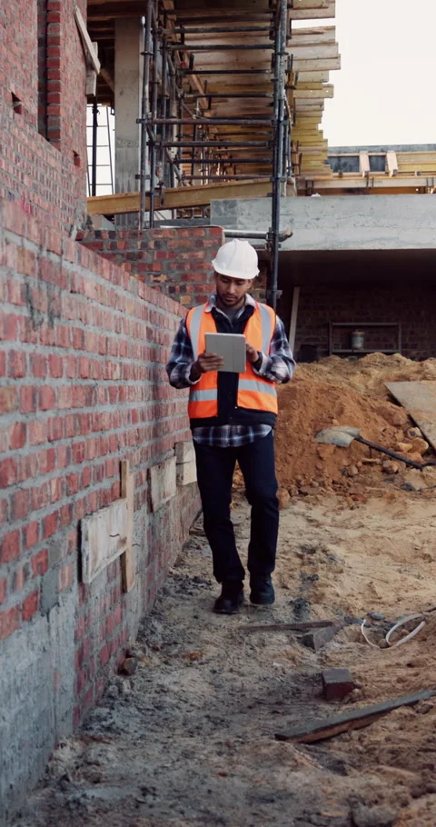 Construction, man and site inspection with tablet for masonry safety, progress Stock Footage 336265103