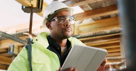Construction, man and thinking with tablet on site for building progress Stock Photos